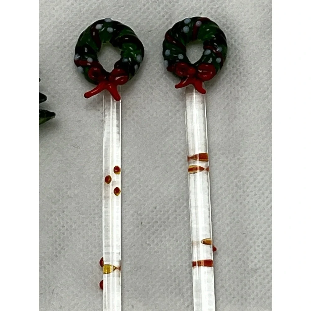 Vintage Hand Blown Glass Christmas Swizzle Sticks Cocktail Stirrers Set of 6